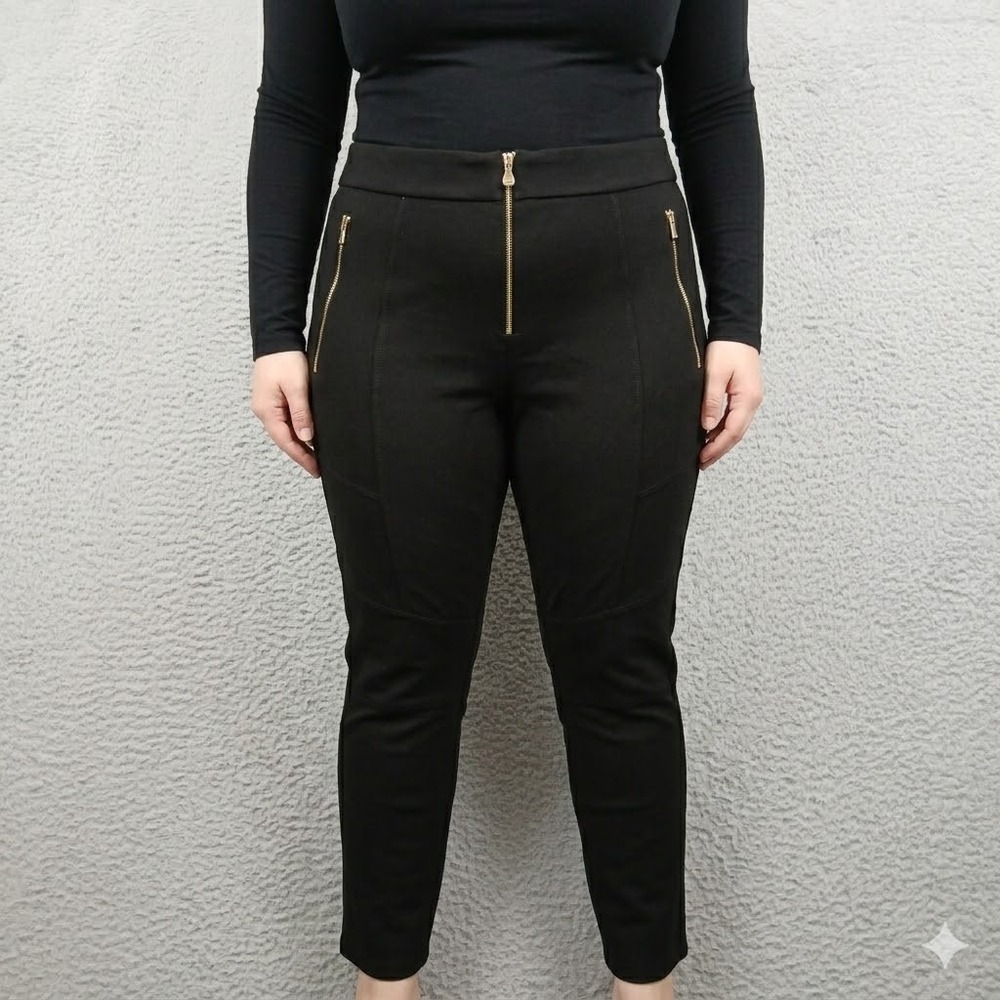 Edgy Moto Chic Zara Black Gold Zip Skinny Trousers Leggings XL‎ High Rise [PRE]